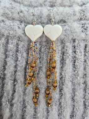 White Heart Bead Tassel Earrings - Multicolor Beads With Juniper Beads